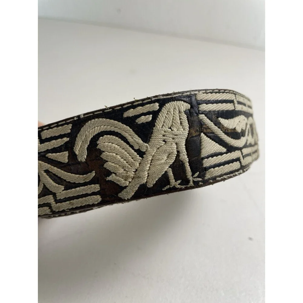 Vintage distressed embroidered bird belt leather with turtle shell belt buckle